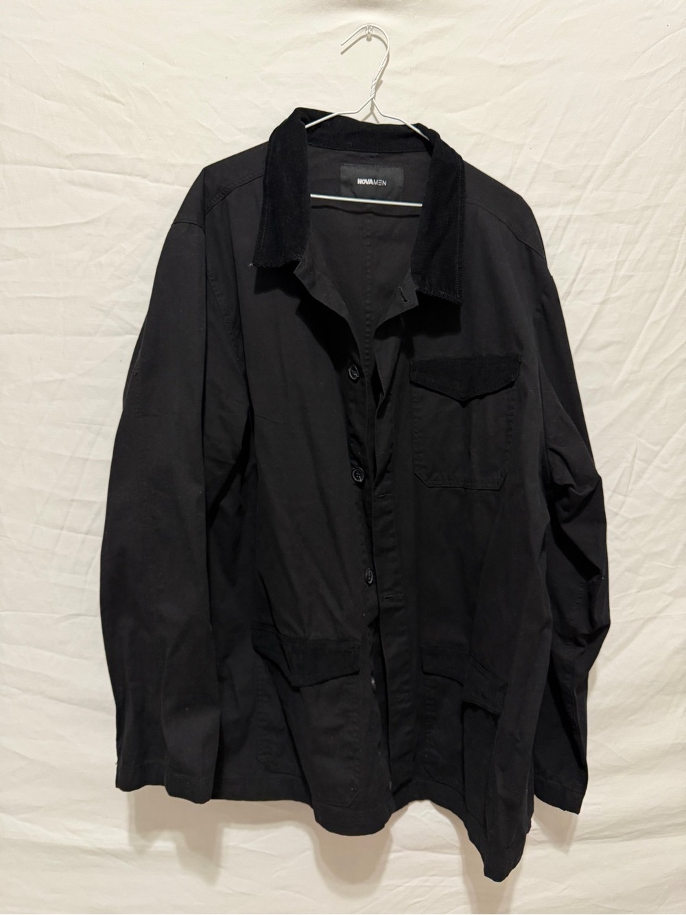 NOVAMEN Men's Oversized Black Shacket Corduroy Collared Utility Top 2XL